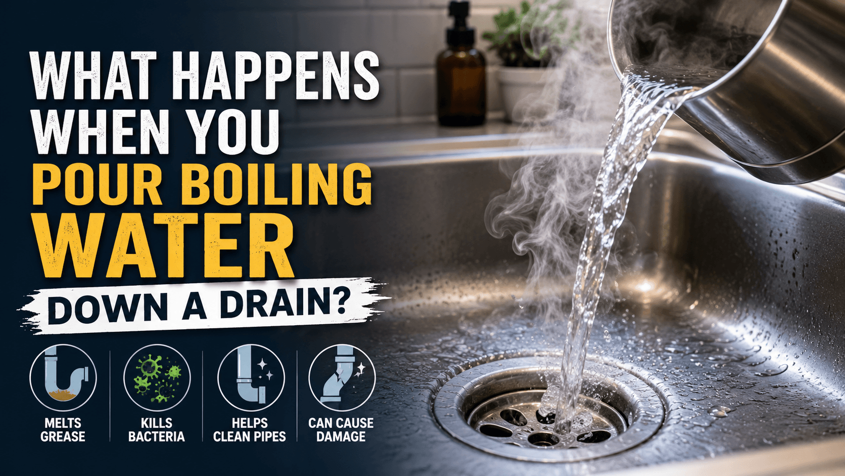 Boiling water being poured into a kitchen sink drain with steam rising, illustrating the potential effects of hot water on drain pipes and clogs.