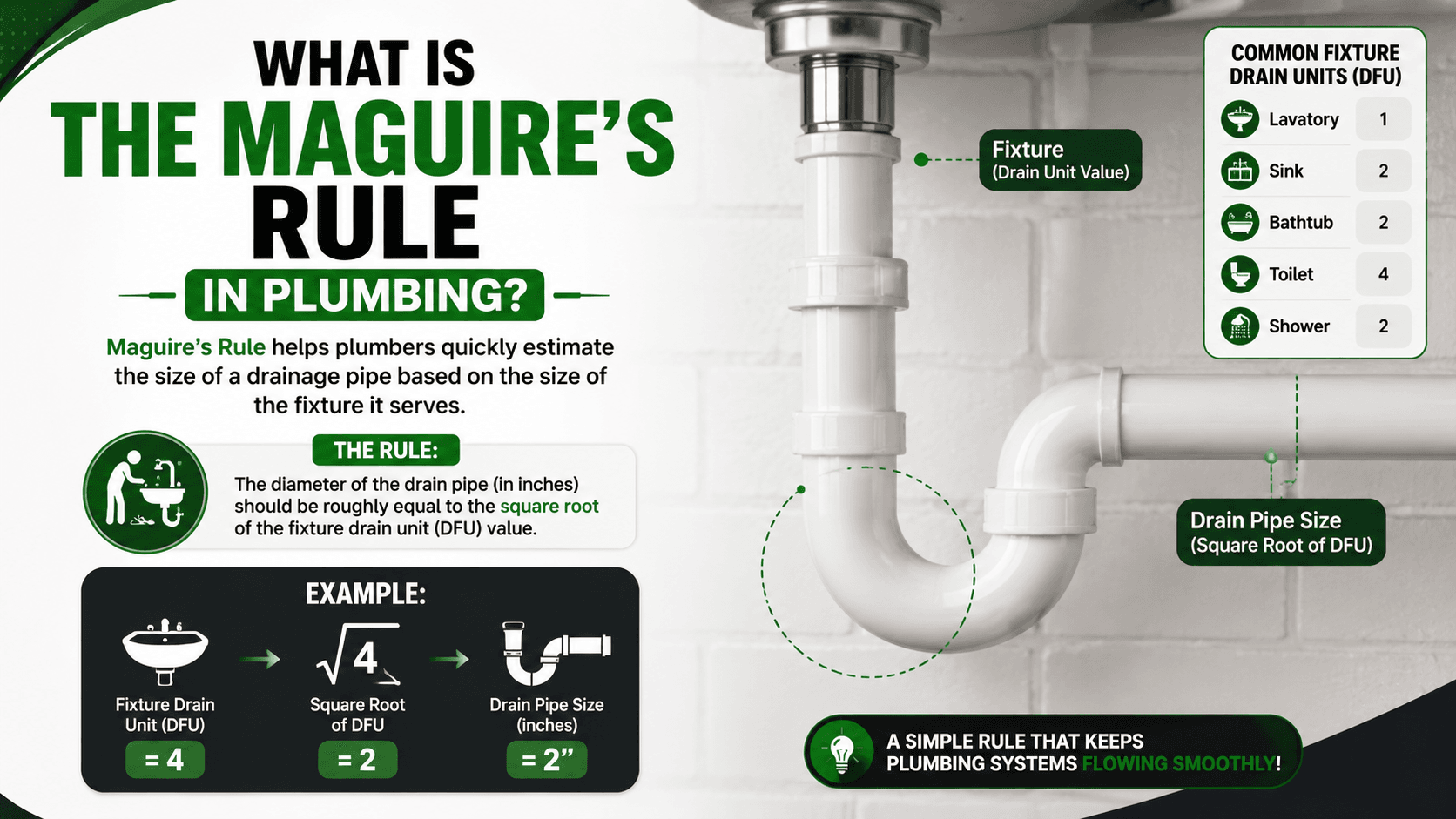 Infographic explaining Maguire's Rule in plumbing with a sink drain pipe diagram, fixture drain unit examples, and pipe sizing guidance for efficient drainage systems.