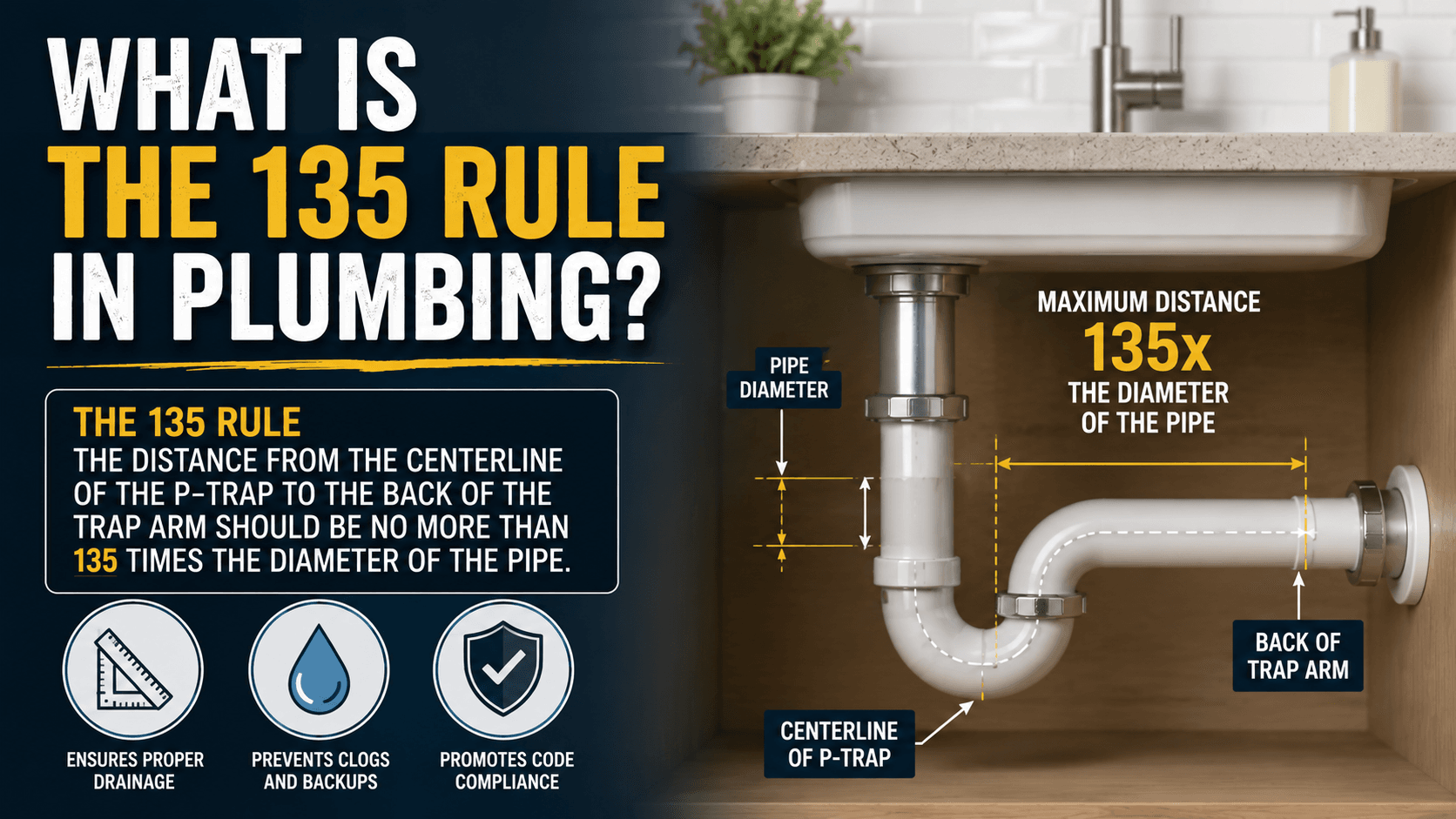 Illustration of a sink drain and P-trap explaining the 135 rule in plumbing, showing proper pipe spacing and drainage layout.