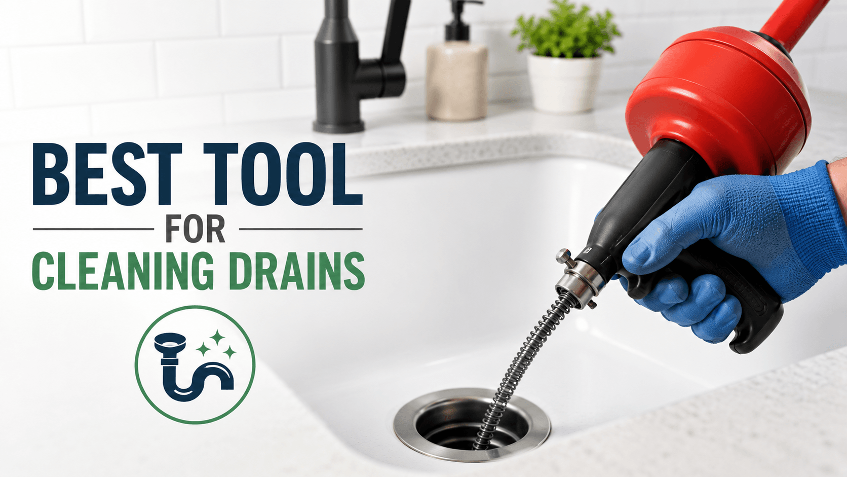 Professional drain cleaning tool (drain snake) clearing a clogged sink drain in a modern kitchen, representing the best tools for effective drain cleaning.