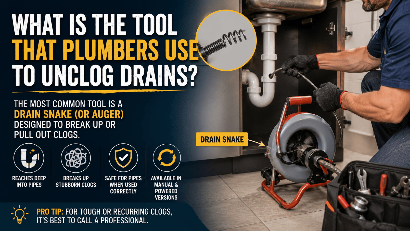 Professional plumber using a drain snake (auger) to clear a clogged sink drain, illustrating the common tool used to unclog blocked pipes.
