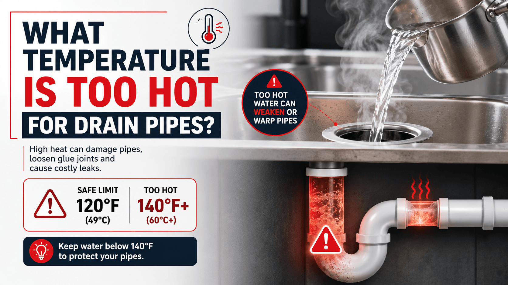 Boiling water being poured into a kitchen sink drain with a temperature warning graphic and highlighted drain pipes, illustrating how excessive heat can damage plumbing pipes.