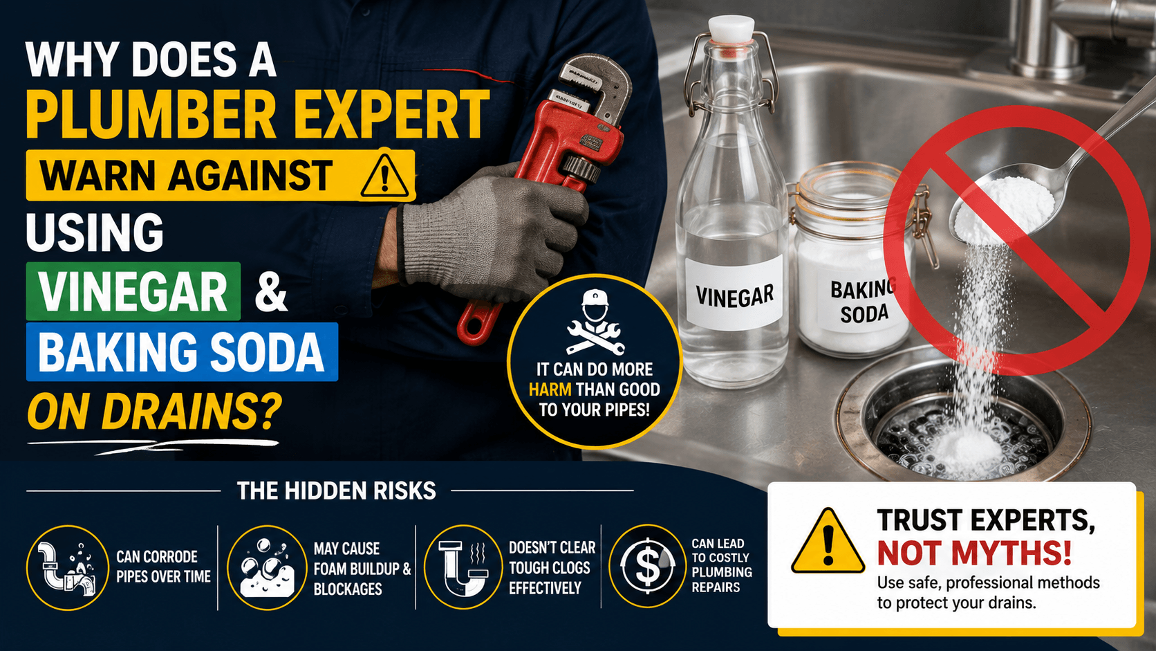 Plumber holding a pipe wrench beside a kitchen sink with vinegar and baking soda marked as not recommended, illustrating why plumbing experts advise against using them to unclog drains.