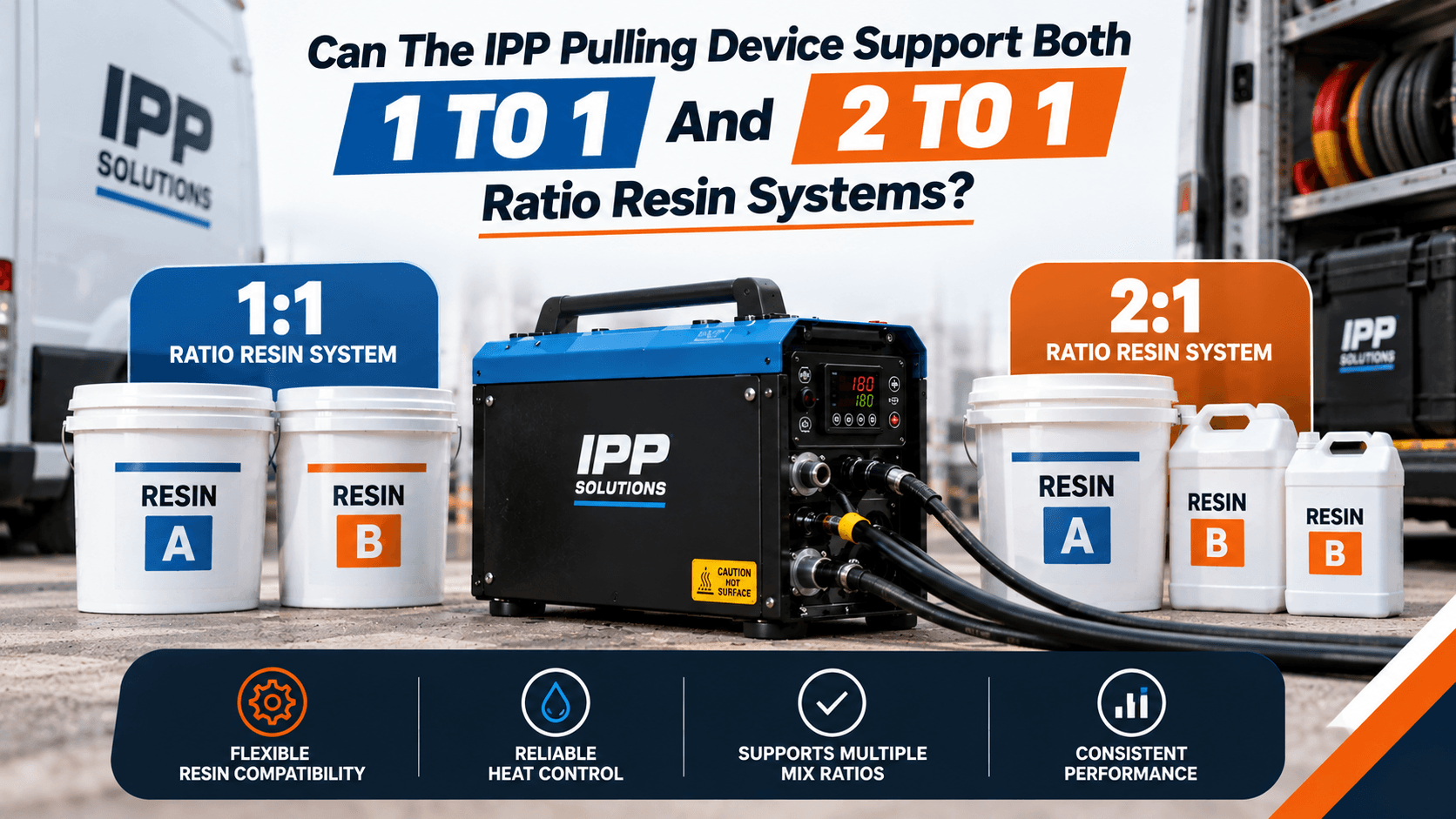 IPP Solutions pulling device displayed between 1:1 and 2:1 ratio resin systems, highlighting flexible resin compatibility.
