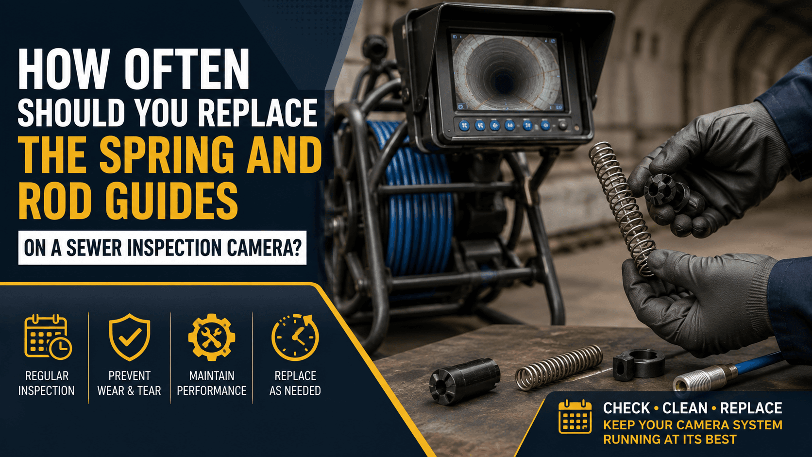 Technician inspecting a sewer camera spring and rod guide components beside a sewer inspection camera reel, highlighting regular maintenance and replacement.