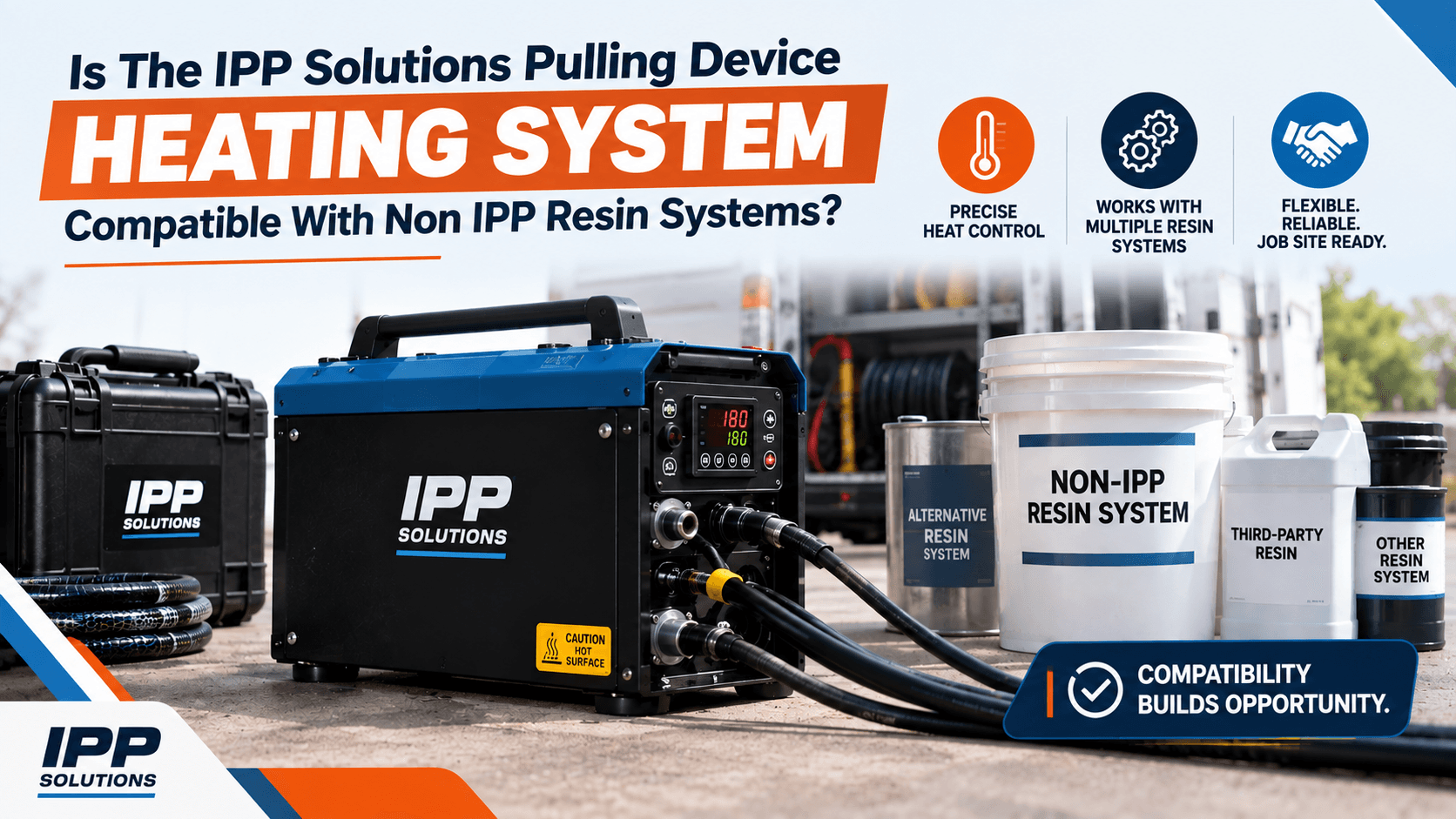 IPP Solutions pulling device heating system shown with non-IPP resin containers, highlighting compatibility and precise heat control.