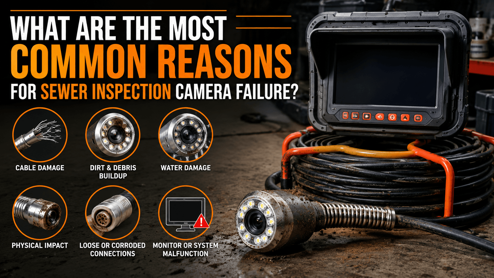 Infographic showing the most common causes of sewer inspection camera failure, including cable damage, dirt buildup, water damage, physical impact, corroded connections, and monitor malfunction alongside a sewer camera system.
