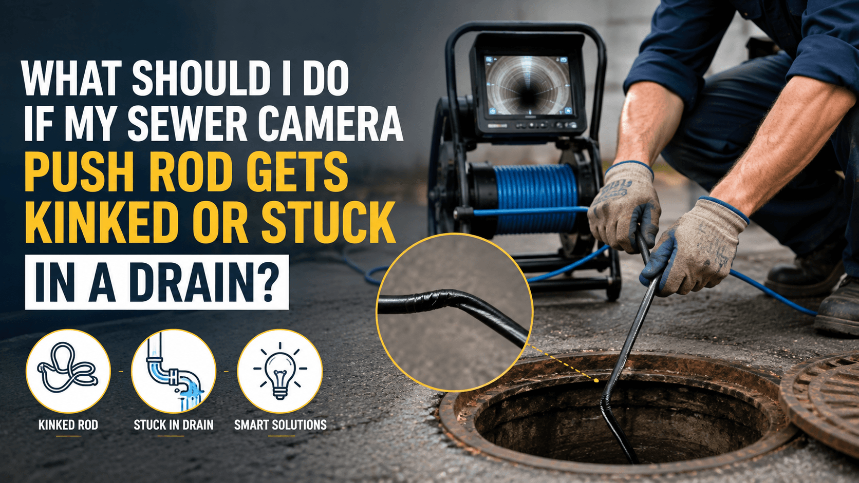 Sewer camera technician removing a kinked push rod from a drain, with a sewer inspection camera reel and monitor visible in the background.