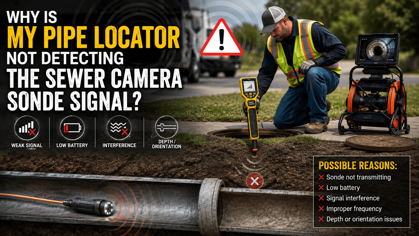 Technician using a pipe locator to detect a sewer camera sonde signal during a drain inspection, highlighting common causes of signal detection failure such as interference, low battery, incorrect frequency, and excessive pipe depth.