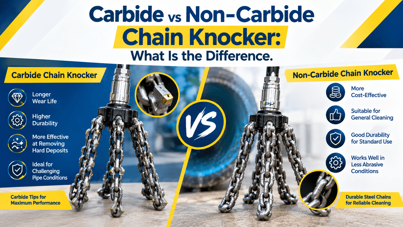 Carbide vs non-carbide chain knockers compared for durability, hard deposit removal, general pipe cleaning, and different pipe conditions.