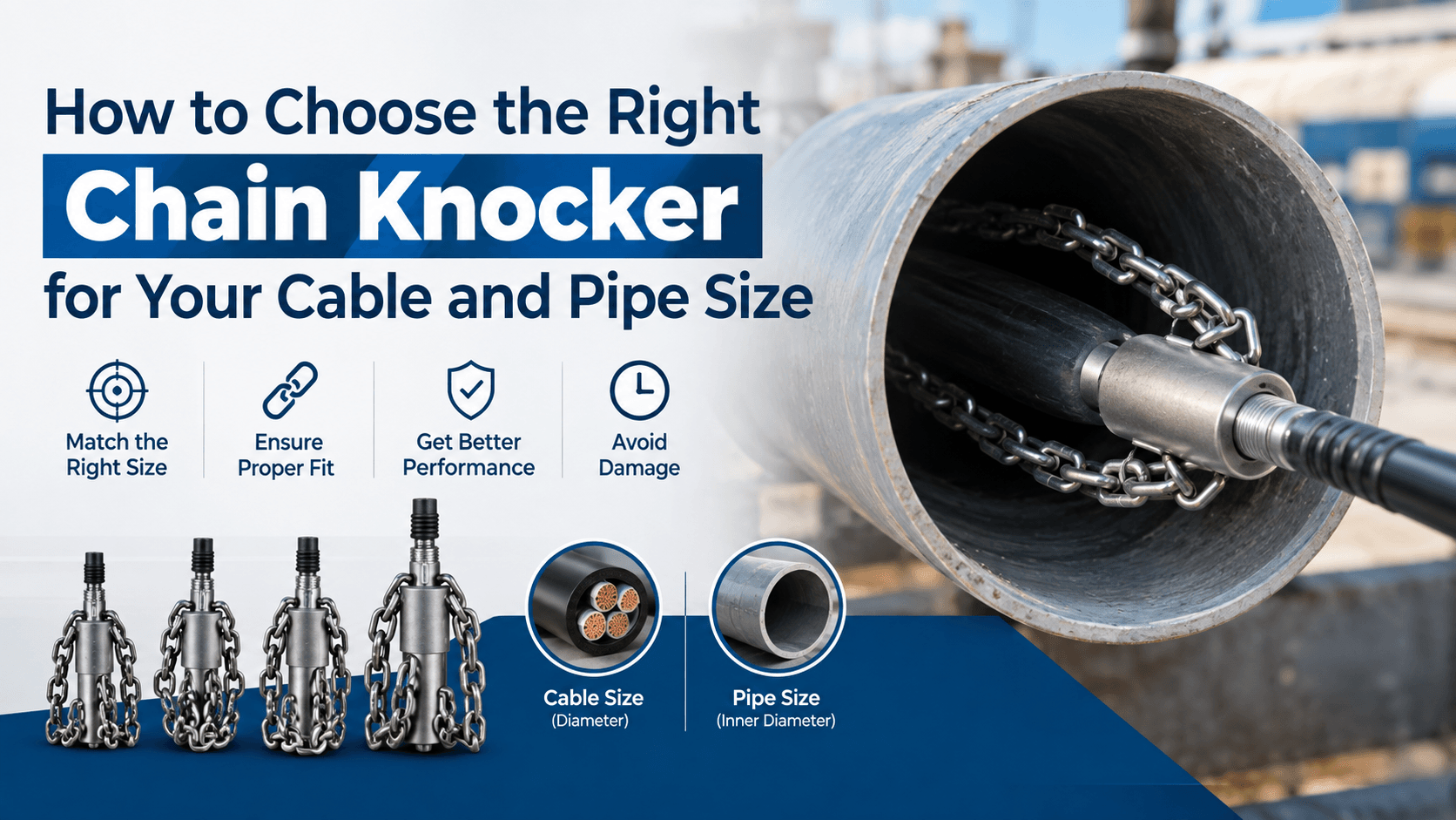 Industrial chain knocker inside a pipe with different knocker sizes, illustrating how to choose the right chain knocker for cable and pipe sizes.