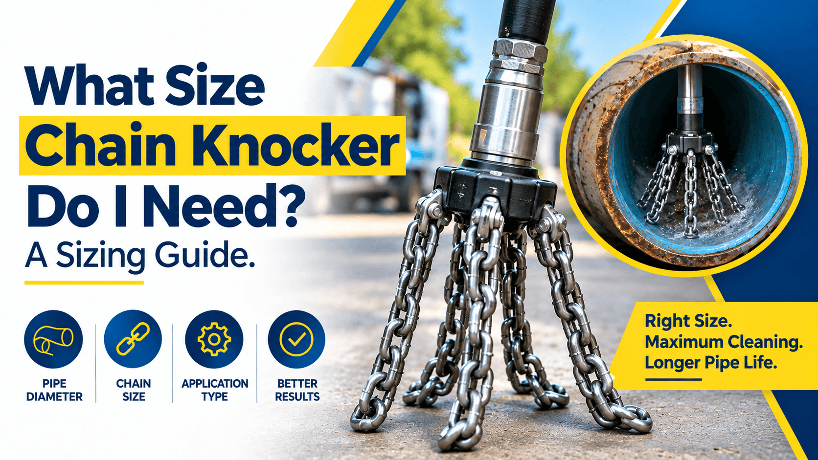 Chain knocker sizing guide showing pipe diameter, chain size, application type, and a chain knocker used for effective pipe cleaning.