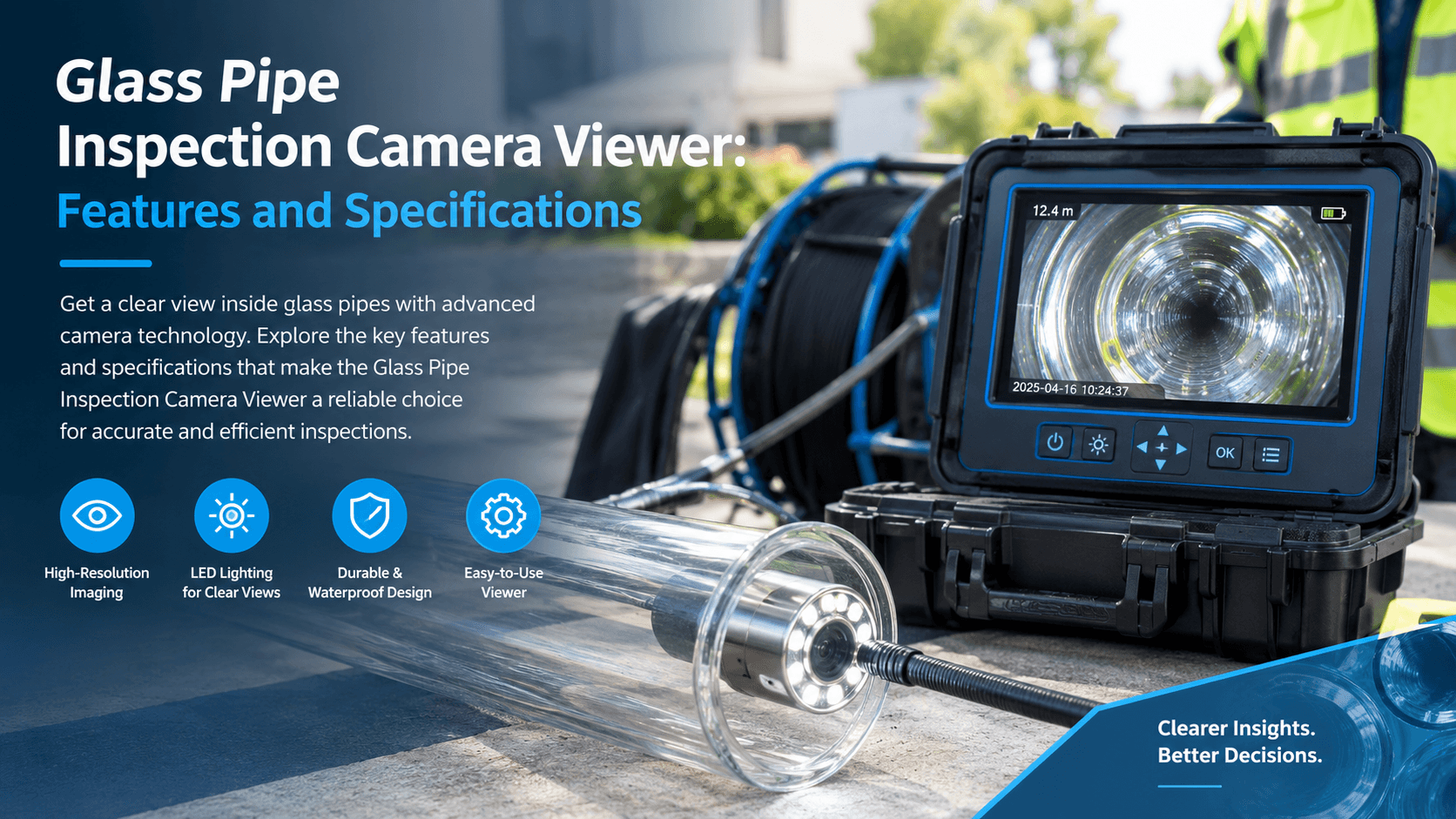 Glass pipe inspection camera viewer showing high-resolution imaging, LED lighting, and a camera probe for detailed pipe inspections.