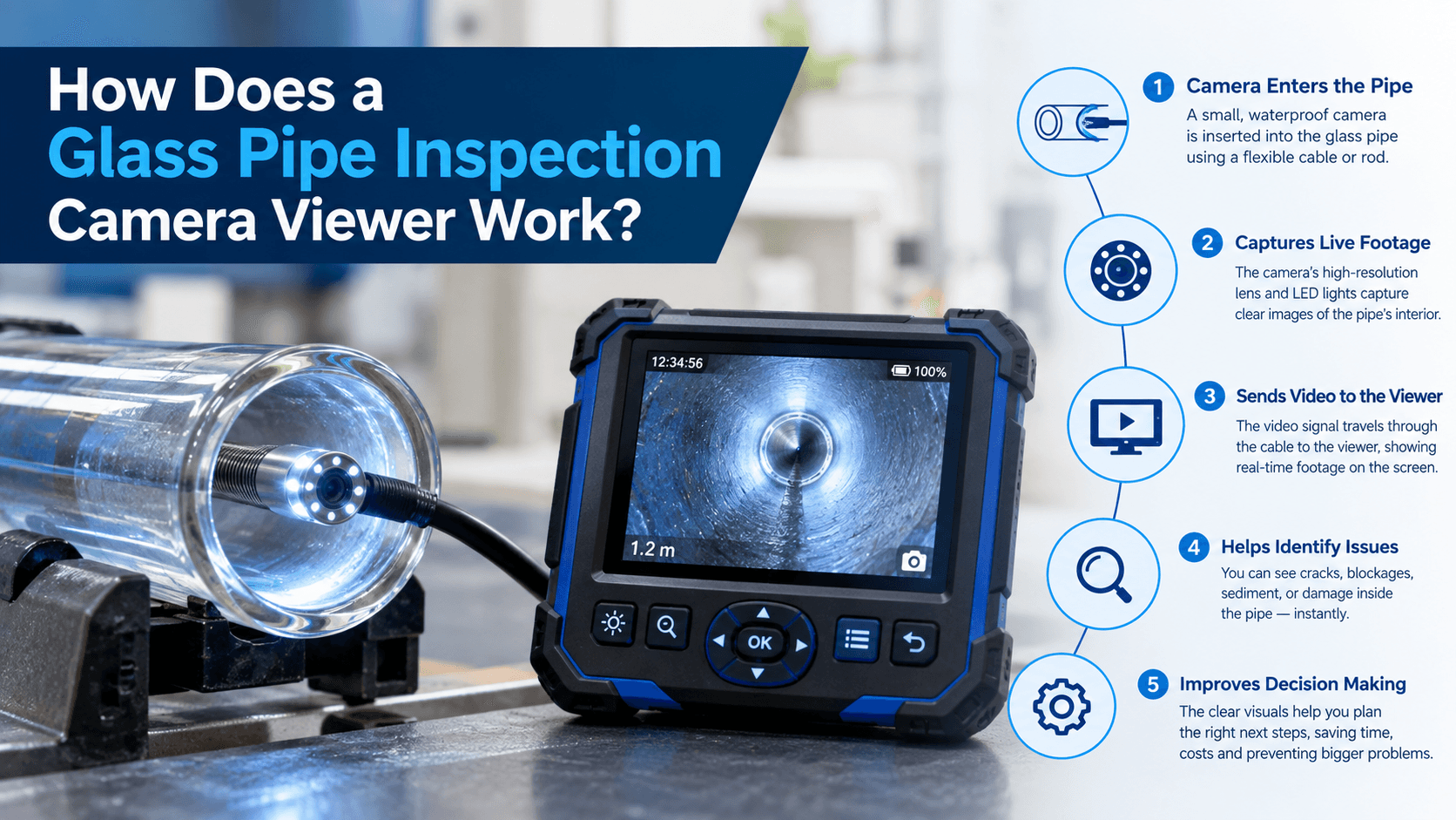 Glass pipe inspection camera viewer displaying live footage inside a glass pipe for clear inspection and defect detection.