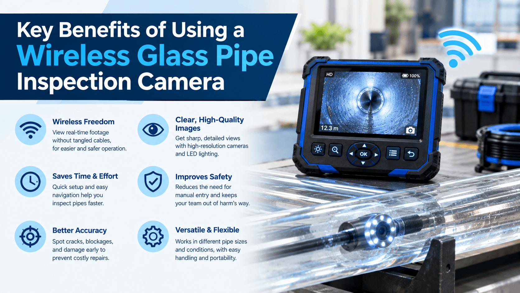 Wireless glass pipe inspection camera with HD monitor, LED camera probe, and wireless technology for clear pipe inspections.
